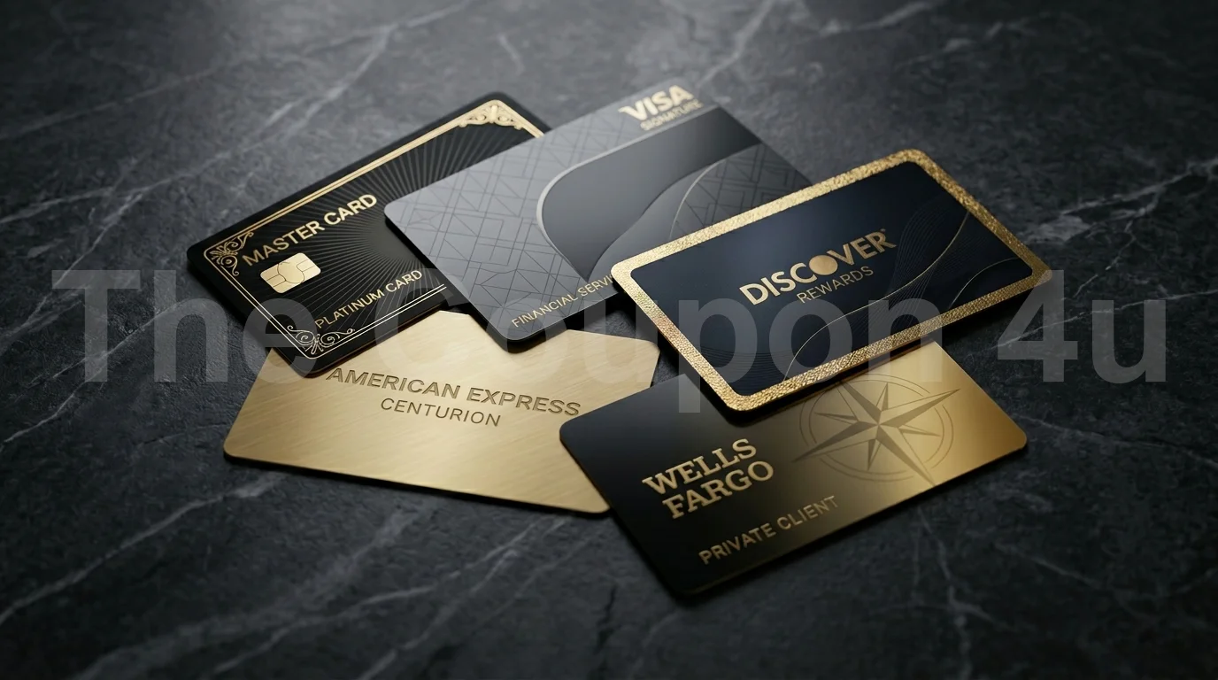 Multiple major company credit cards scattered on a dark marble surface.