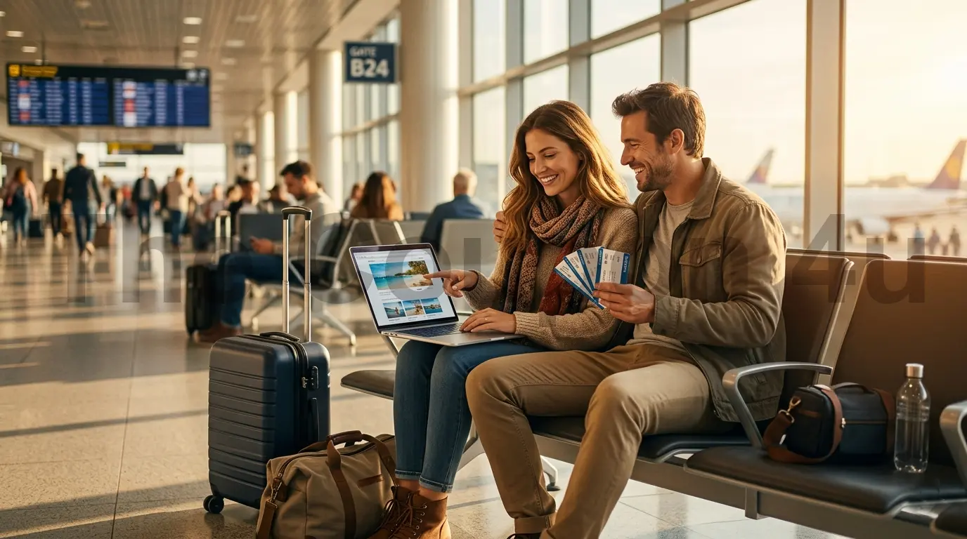 Couple at airport browsing travel deals on a laptop before their vacation flight.