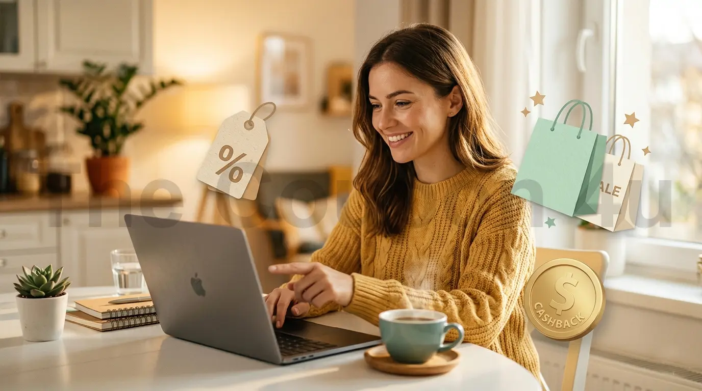 Woman smiling at laptop while stacking coupons and cashback deals for spring shopping.