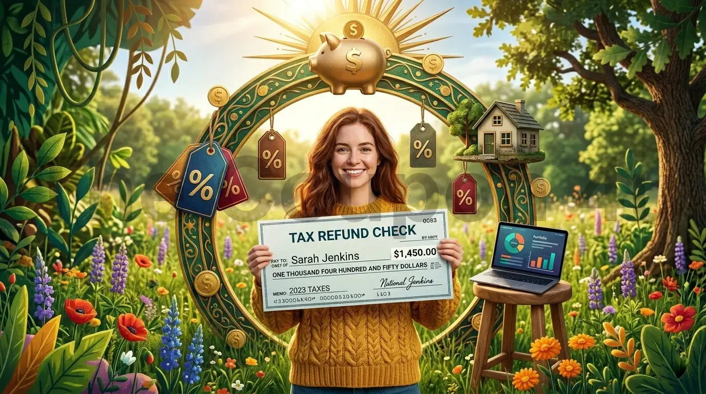 Person holding a tax refund check with smart spending icons like a piggy bank, laptop, and discount tag.