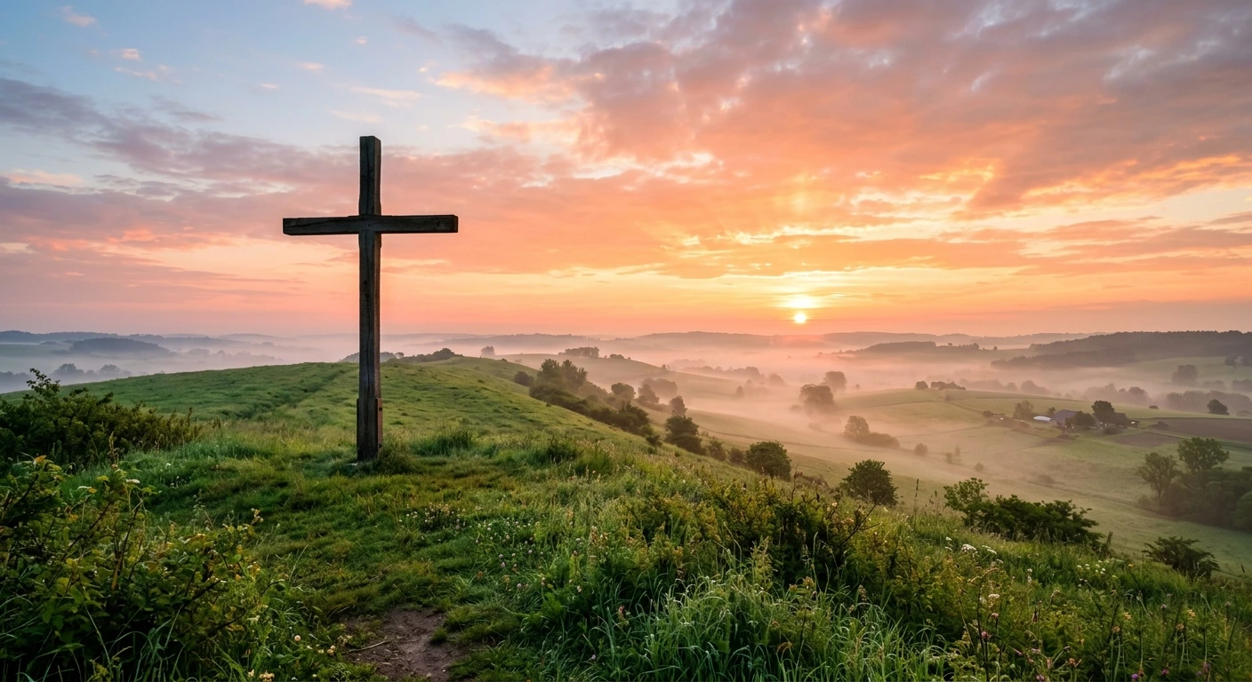 Wooden cross on a hillside at sunrise symbolizing the Christian meaning of Easter - The Coupon 4u wooden-cross-on-a-hillside-at-sunrise-symbolizing-the-christian-meaning-of-easter